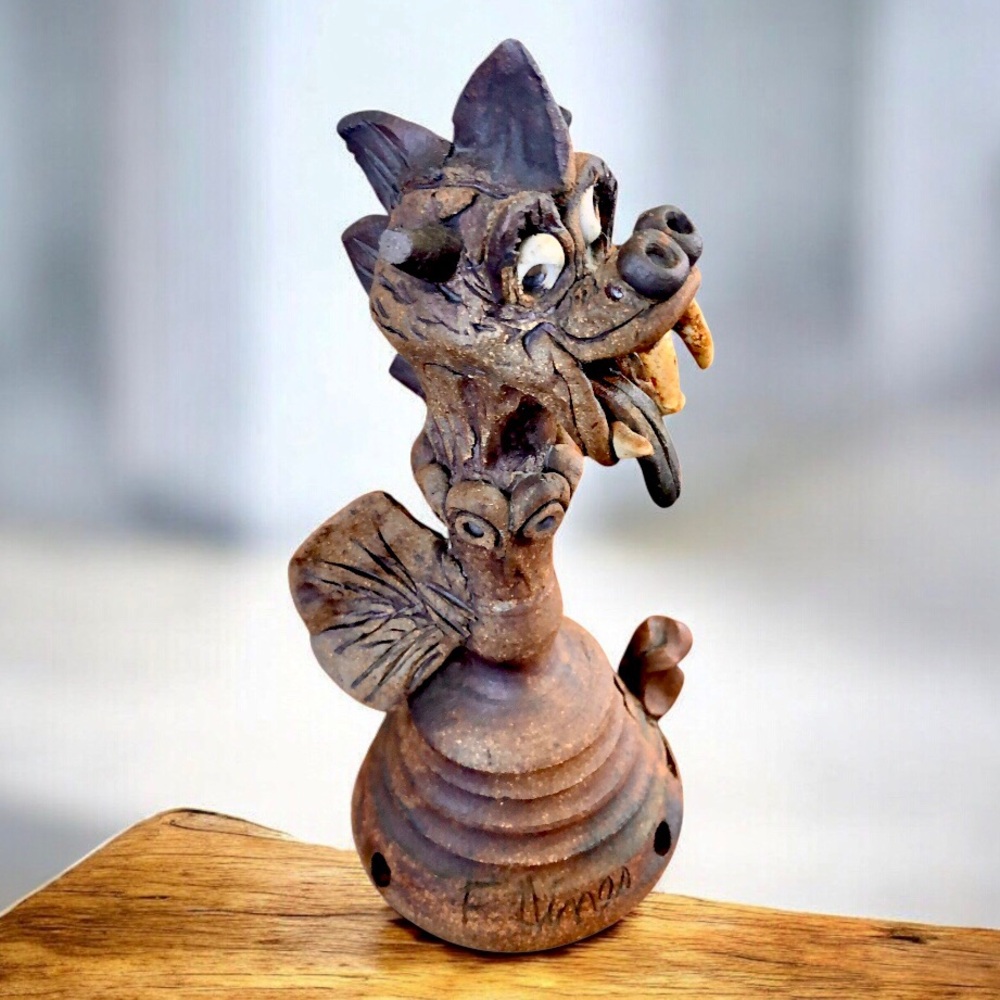 Vintage Stephen Baldauf Clay Dragon Incense Burner Whimsical Folk Art Signed